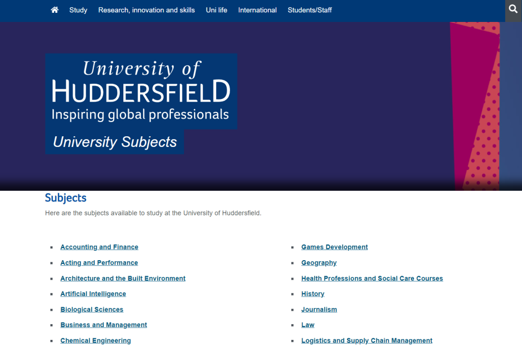 Screenshot of the University subject page.