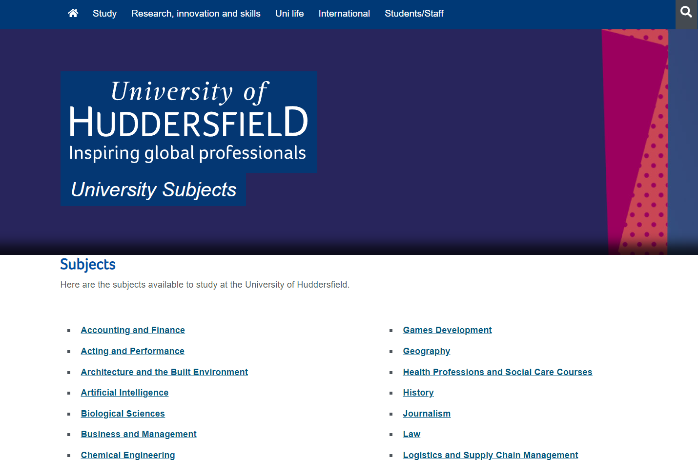University subjects – A user approach to displaying courses. Driven by SEO research.