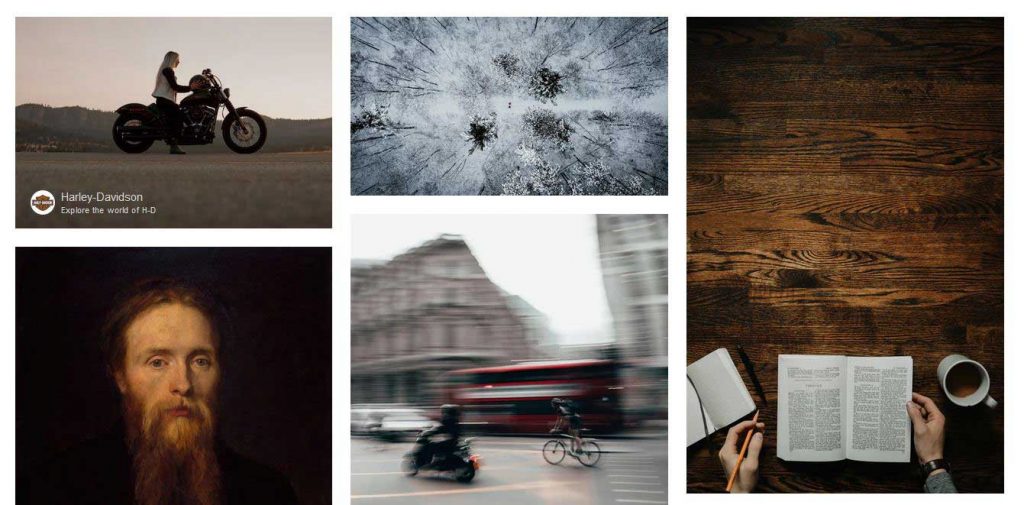 Unsplash's homepage with Harley Davidson featured prominently.